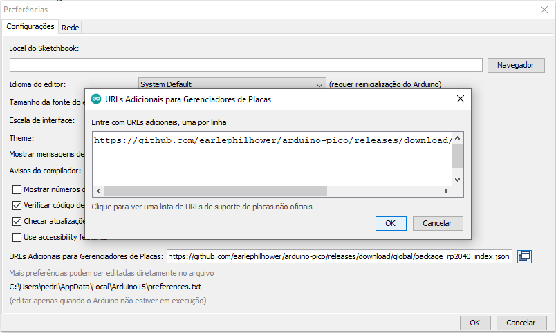 Inserção da URL do pacote RP2040 nas preferências