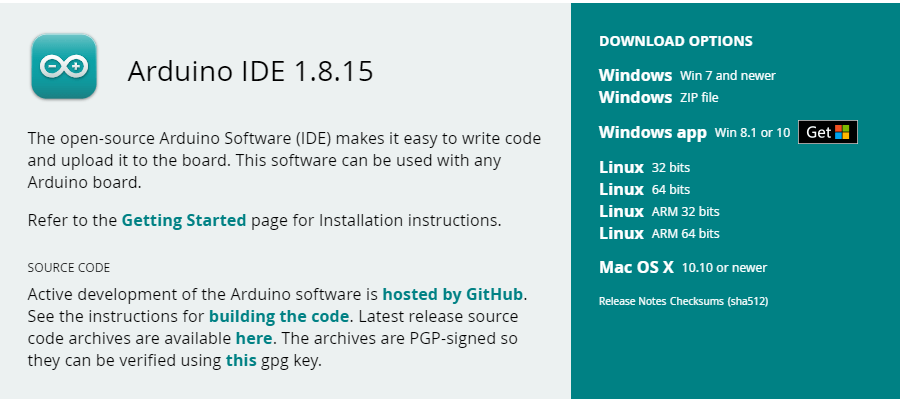 Tela de download da IDE do Arduino no site oficial