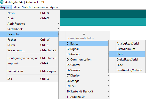 Abertura do exemplo Blink na Arduino IDE