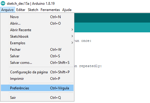 Acesso ao menu de preferências da Arduino IDE