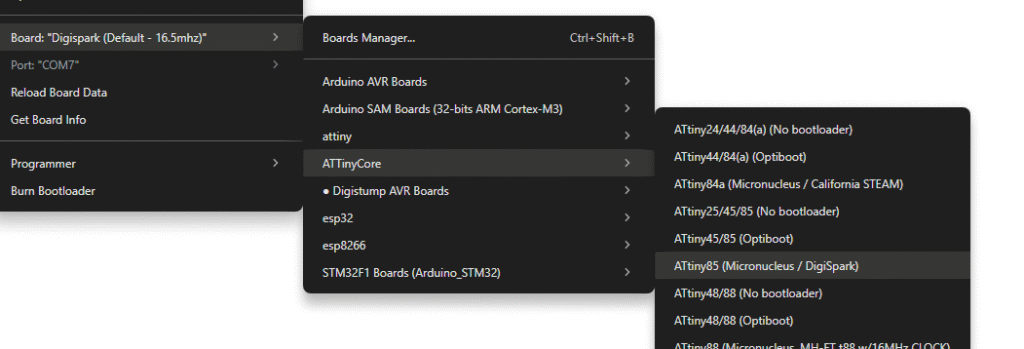 Tela do Gerenciador de Placas da Arduino IDE mostrando o pacote ATTinyCore do Spence Konde