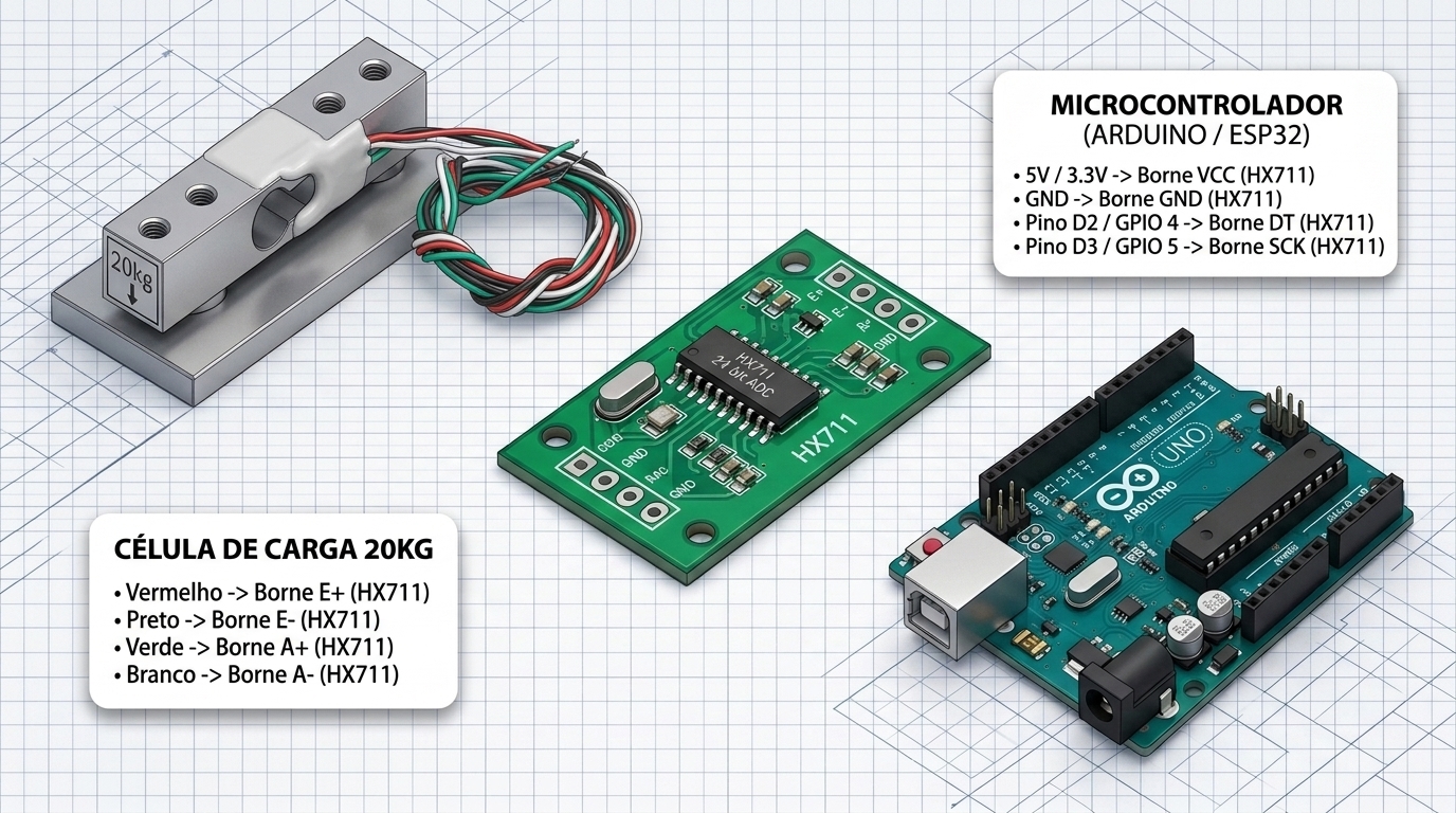 Diagrama de ligação elétrica da célula de carga 20kg com módulo HX711 e microcontrolador