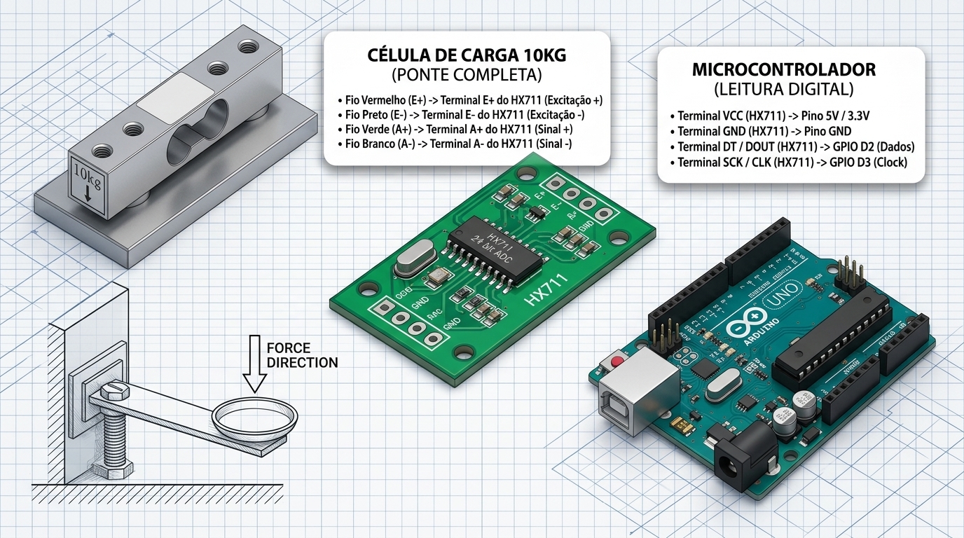 Diagrama de ligação elétrica da célula de carga 10kg com módulo HX711 e microcontrolador