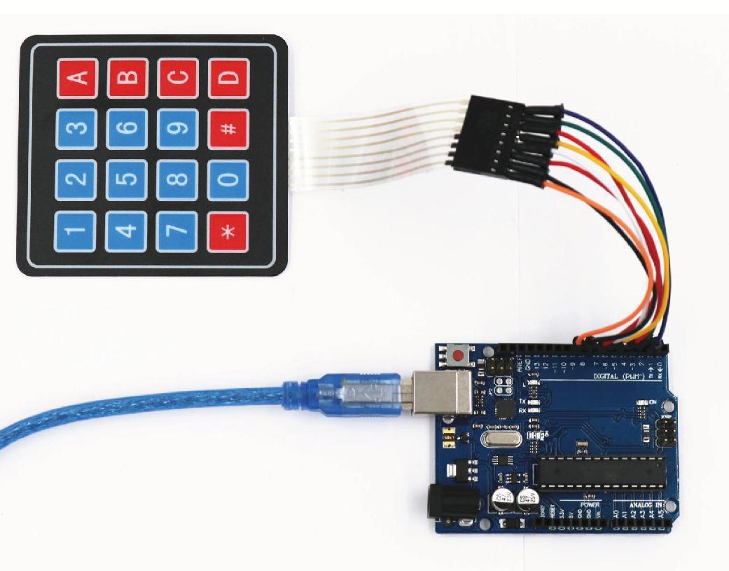 Ligação direta do flat cable do teclado 4x4 nos pinos 2 a 9 do Arduino
