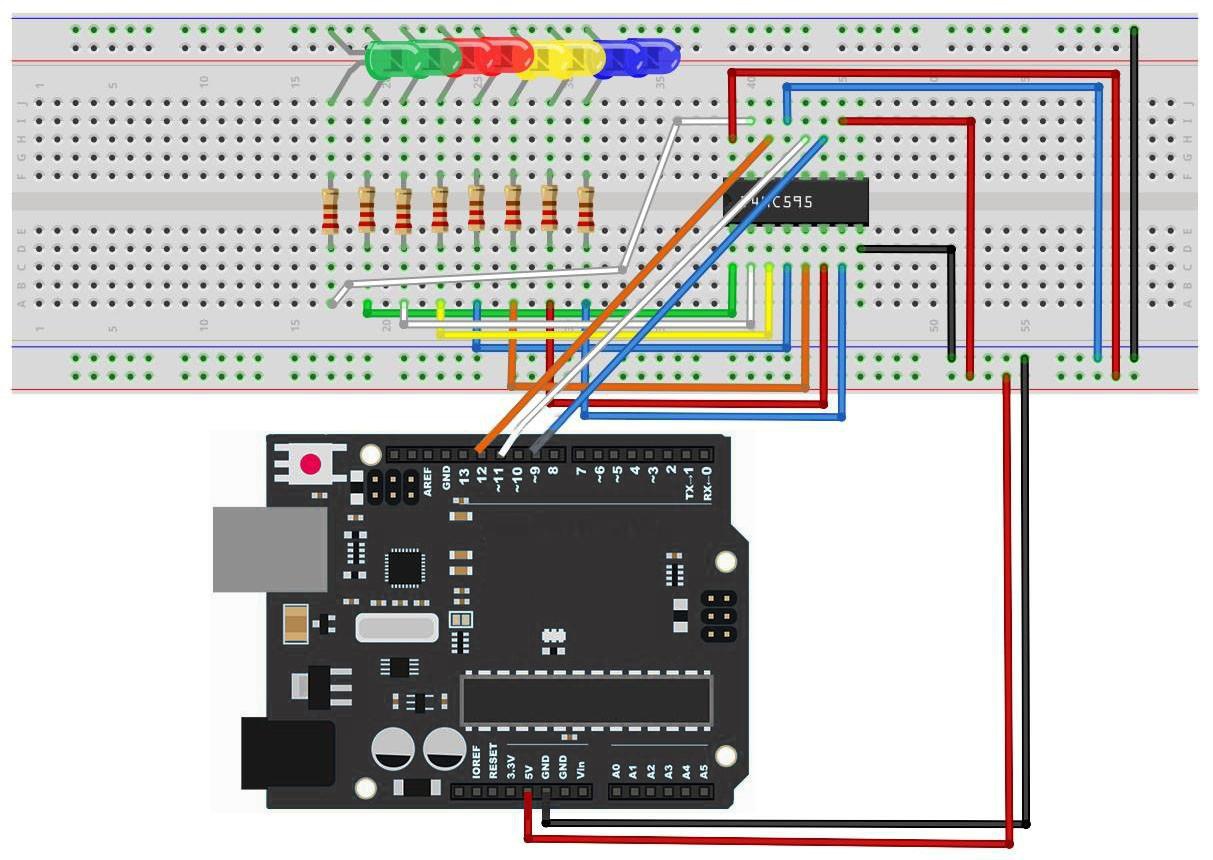 Montagem na protoboard do registrador 74HC595 com barramento de 8 LEDs