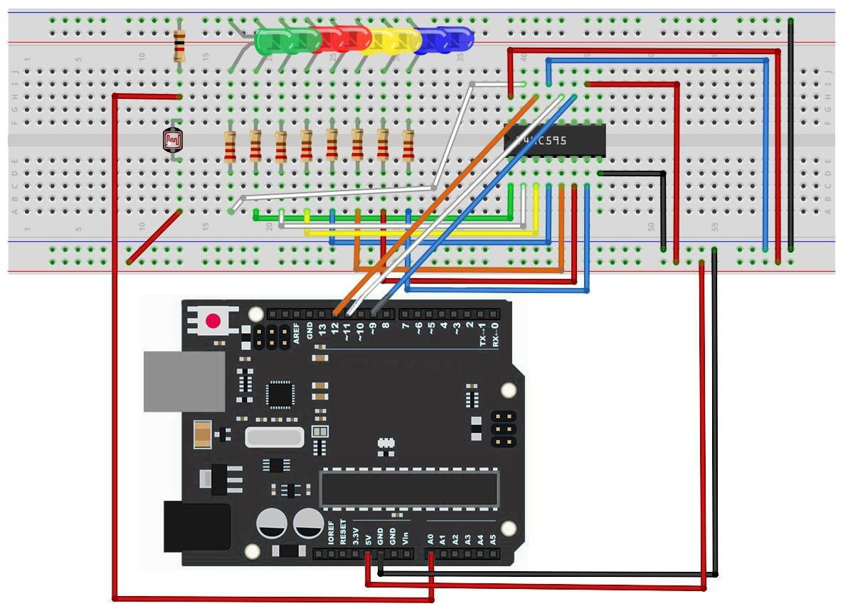 Montagem na protoboard da fita de 8 LEDs acionada por luz ambiente