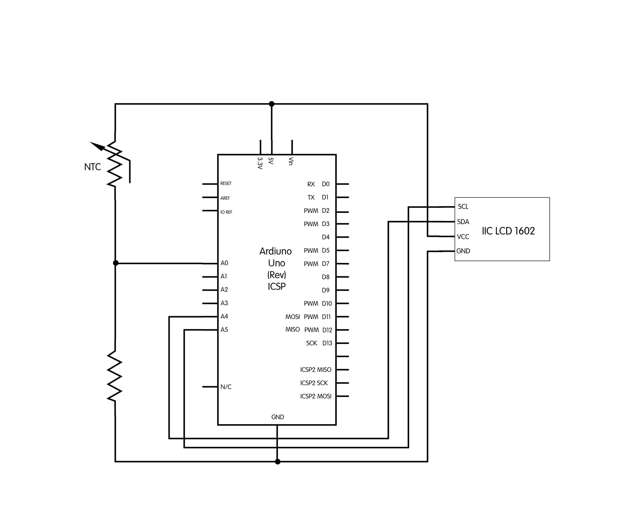 Termistor NTC de 10k e diagrama do circuito divisor de tensão térmico