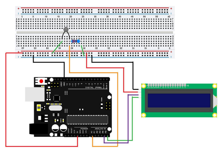 Esquema elétrico completo com termistor NTC, LCD 16x2 I2C e Arduino Uno