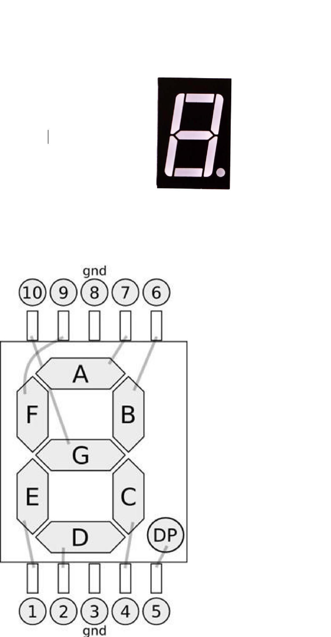 Pinagem interna dos segmentos de a até g no display de 7 segmentos