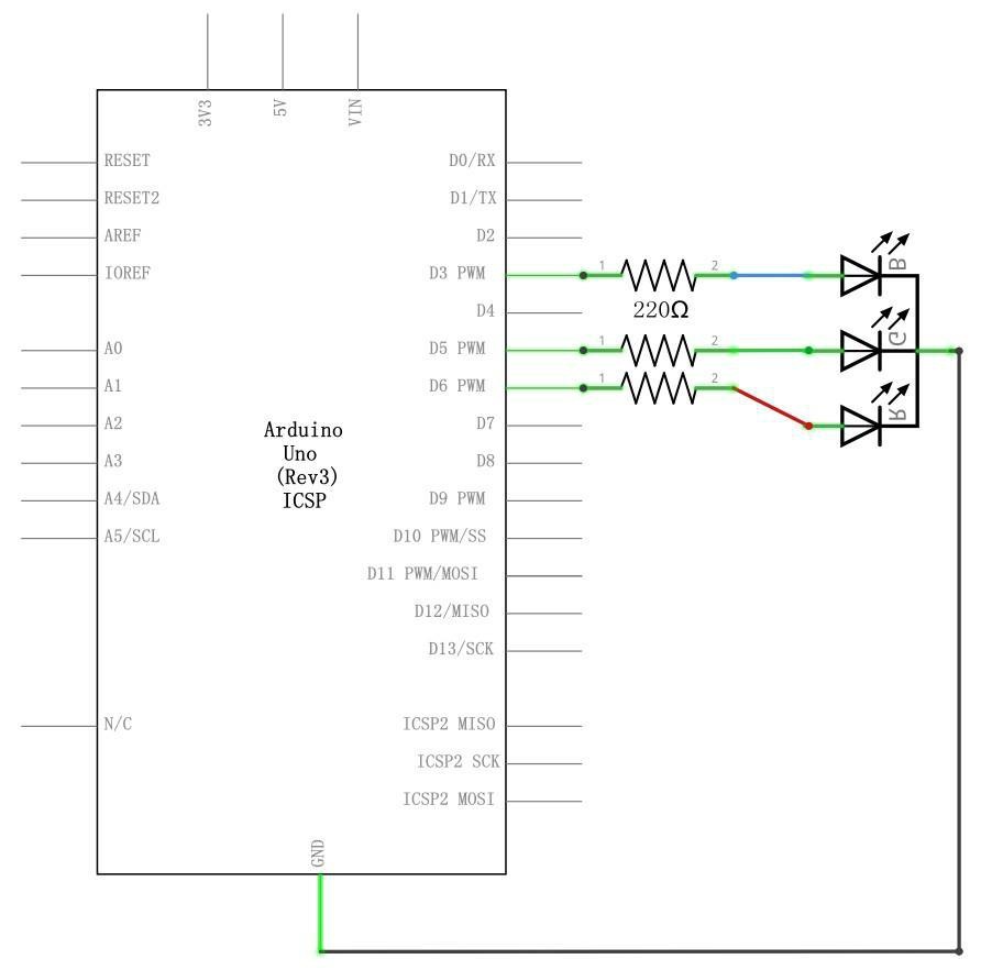 Esquema de ligação do LED RGB na protoboard com resistores limitadores