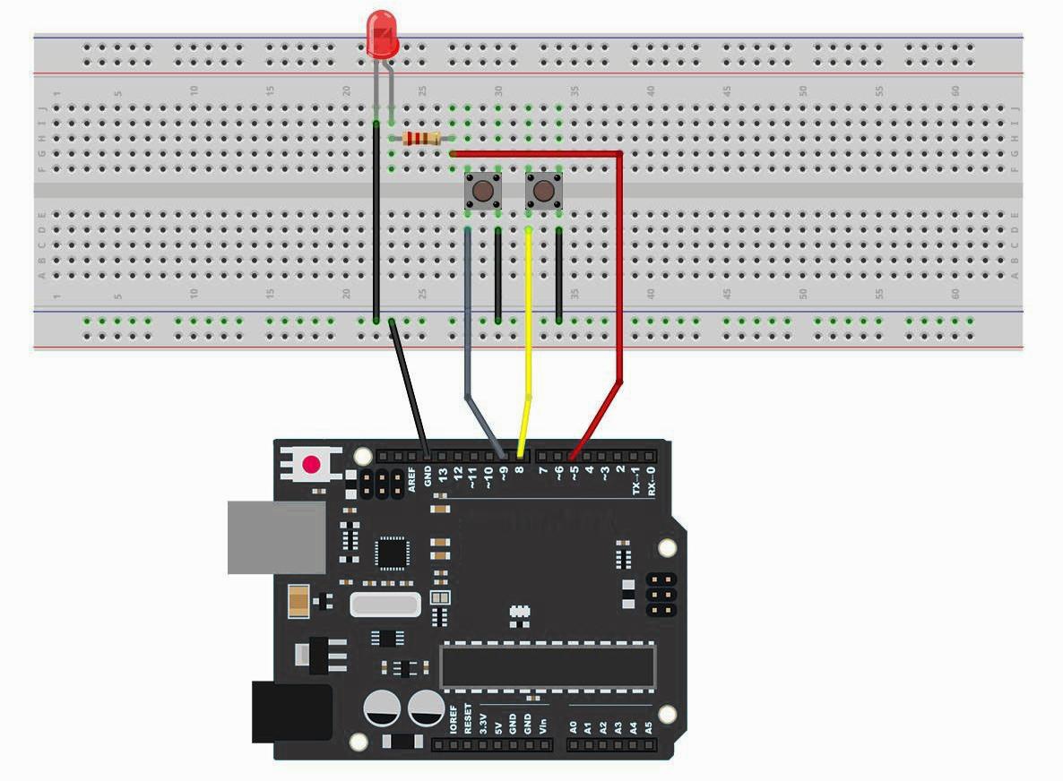 Montagem na protoboard de dois botões push-button e LED