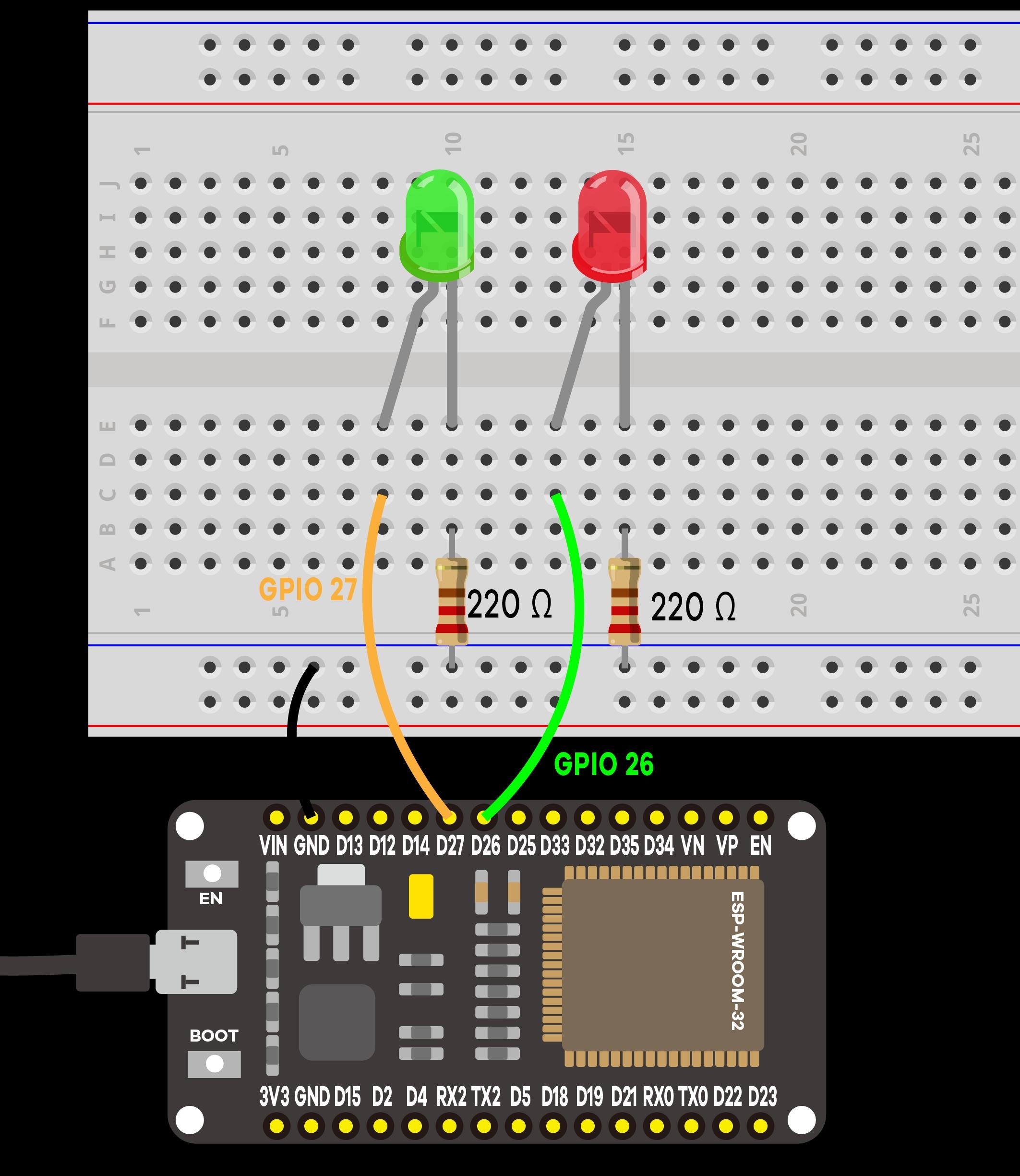 Montagem do circuito com 2 LEDs de controle na protoboard para o servidor Web