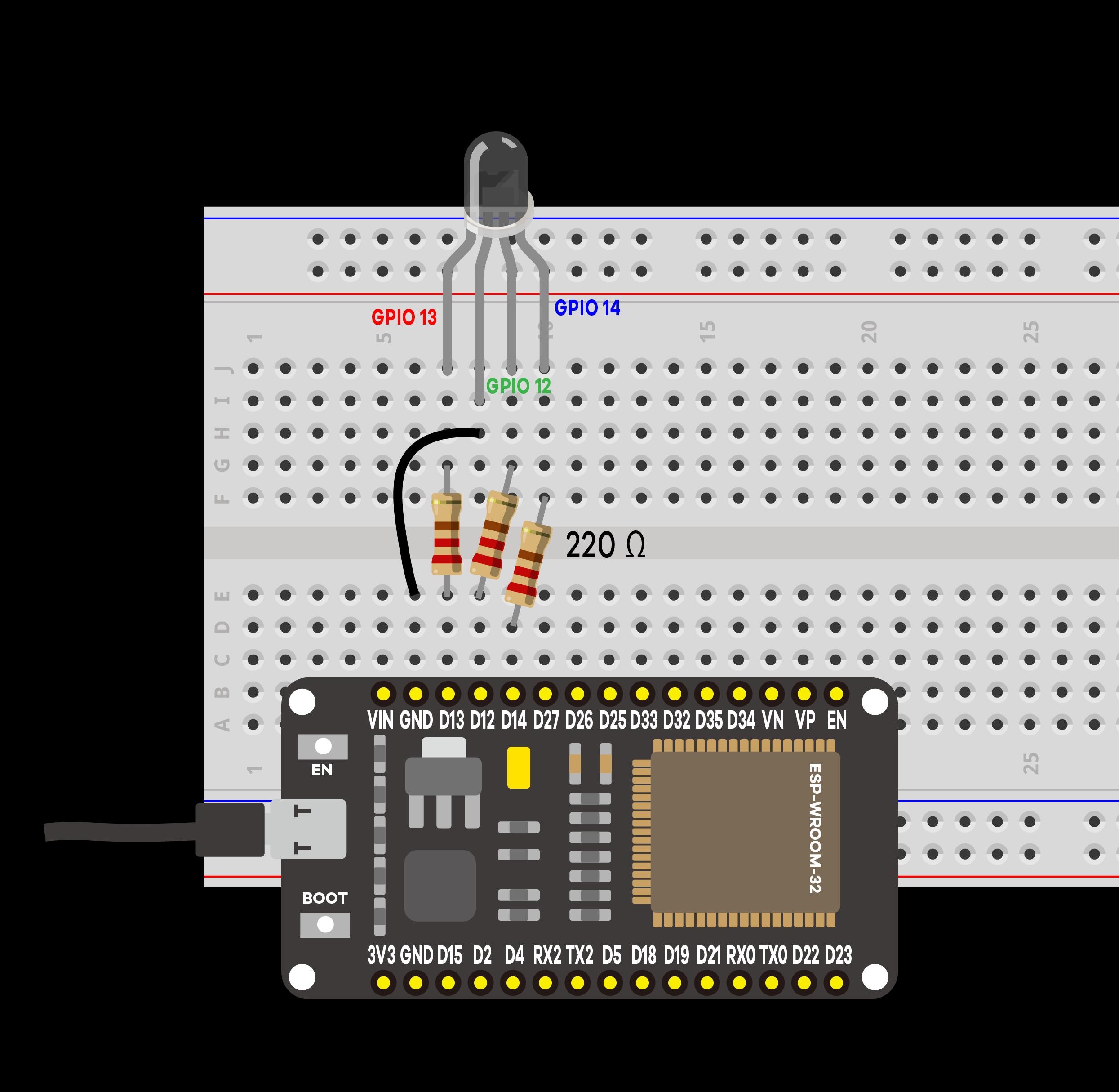 Montagem do circuito com LED RGB conectado aos pinos PWM do ESP32