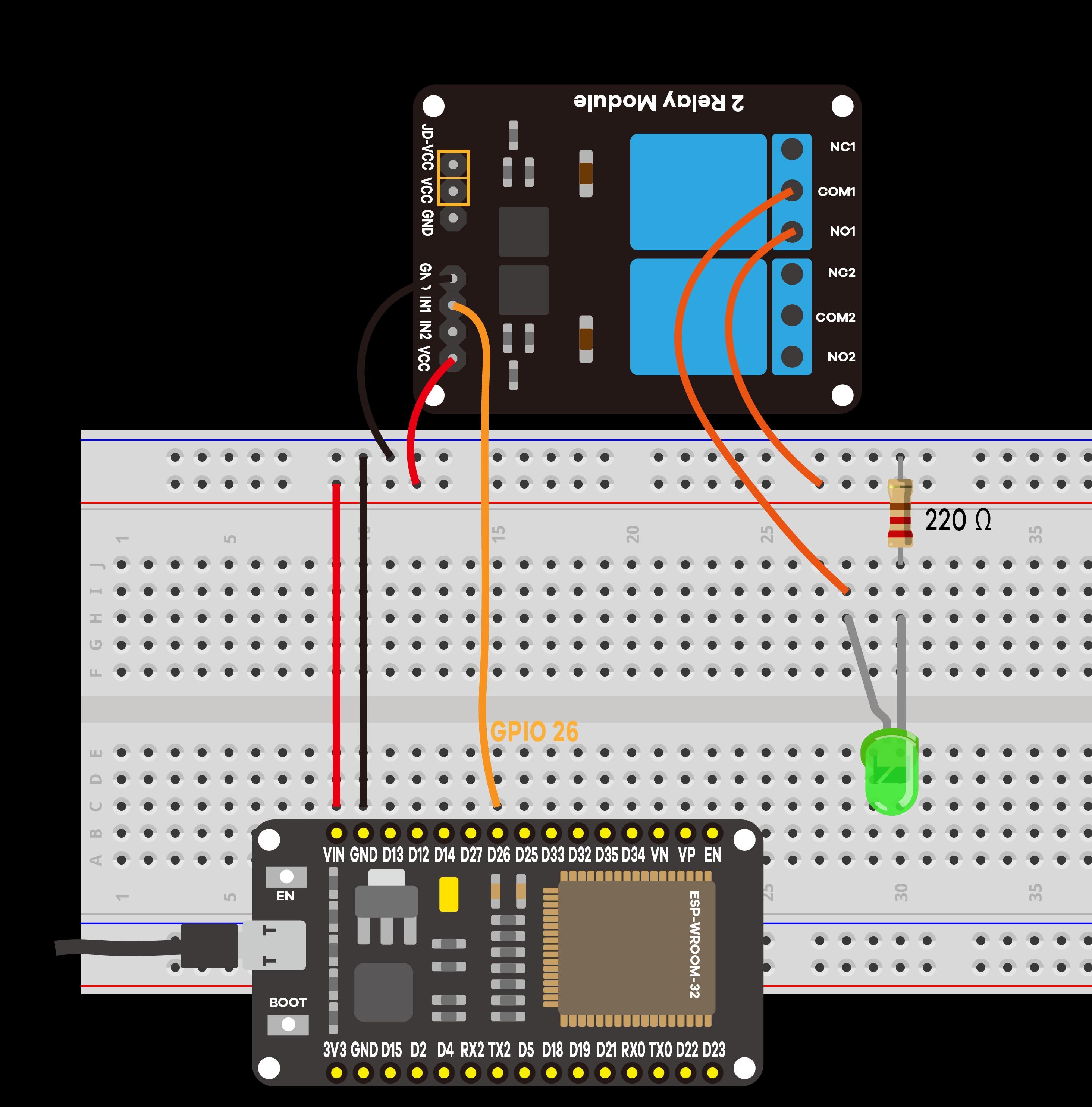 Montagem do módulo relé conectado ao ESP32 e indicadores luminosos