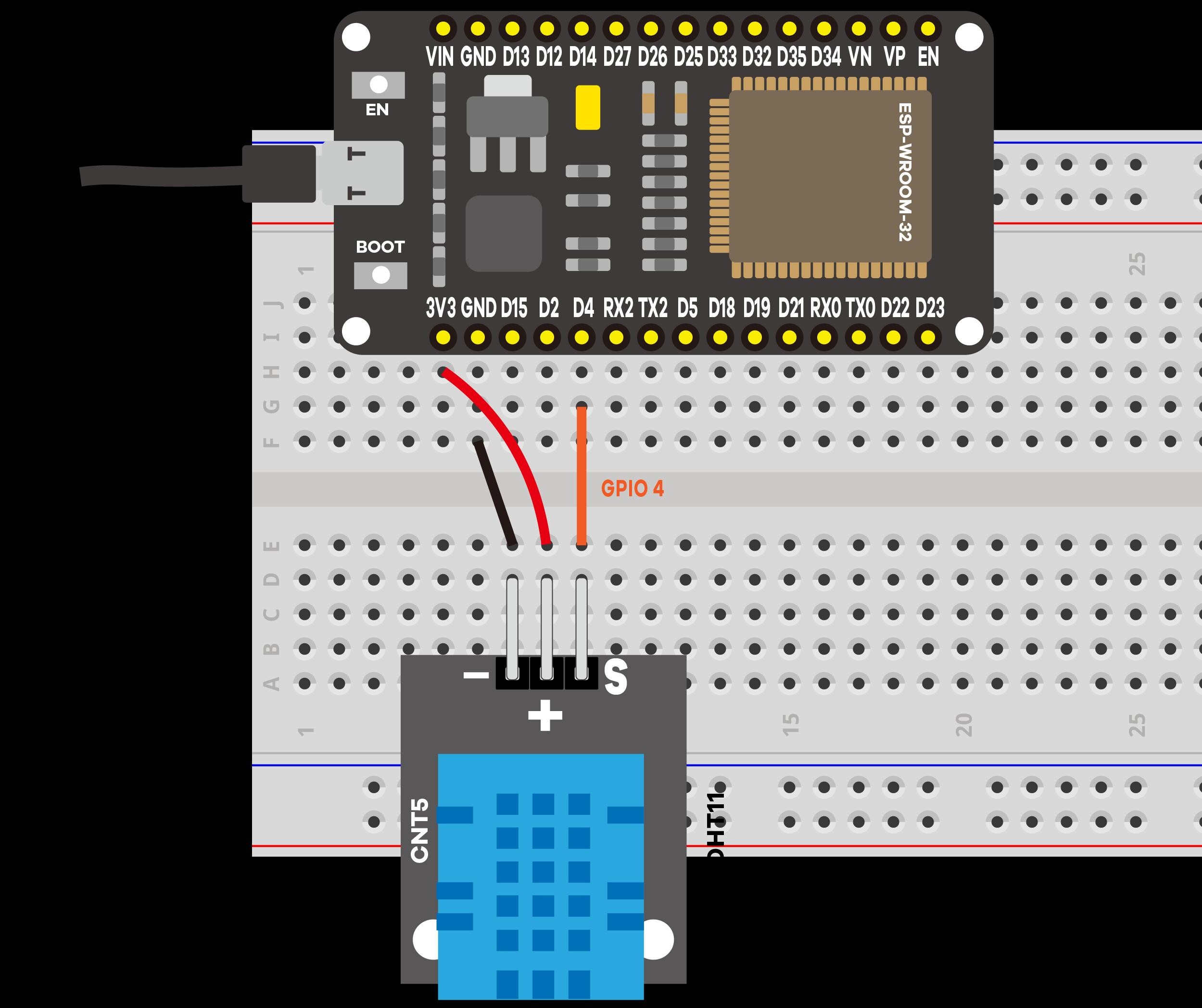 Montagem do sensor DHT11 conectado ao GPIO do ESP32 na protoboard