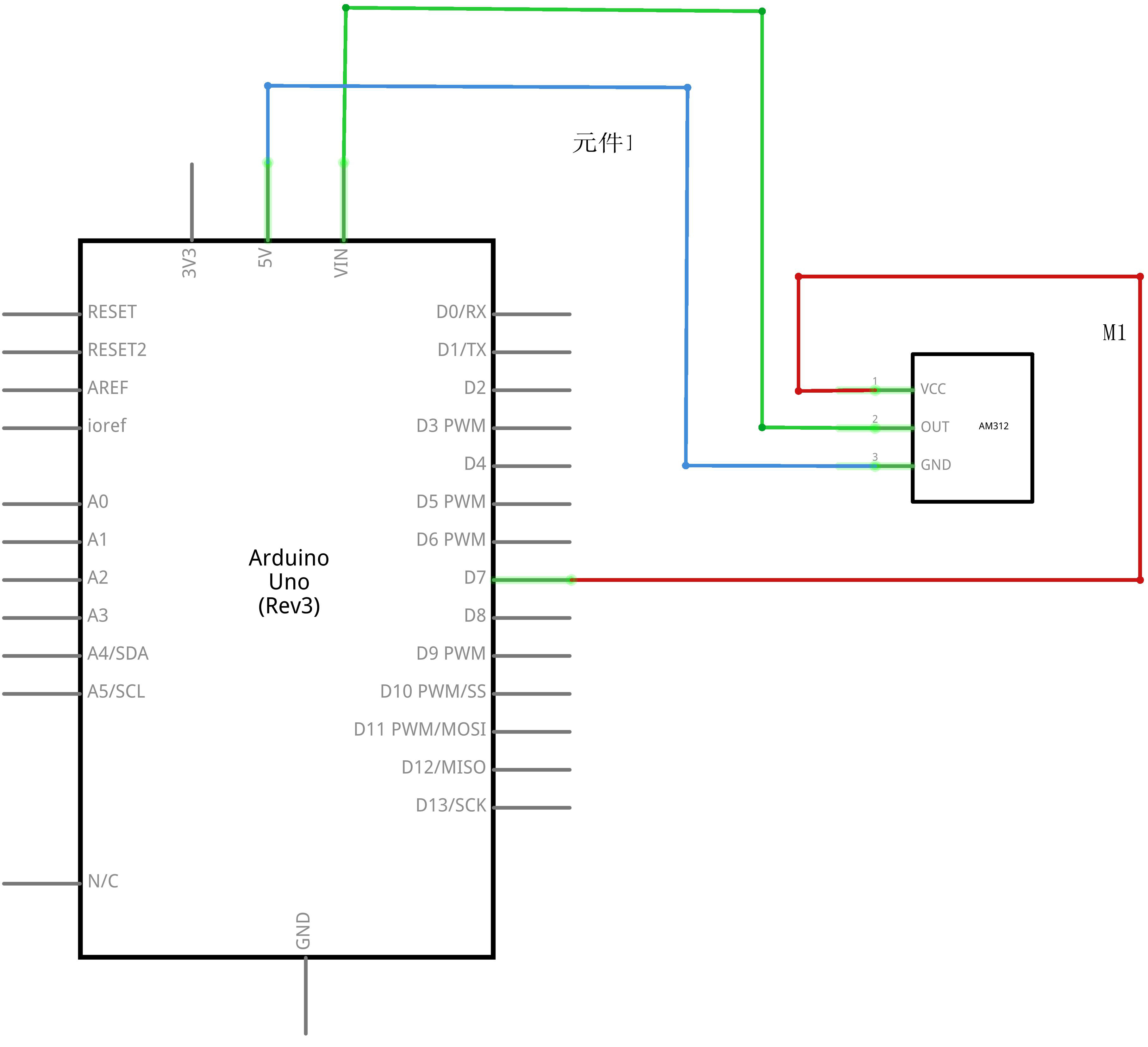 Esquema elétrico de ligação do sensor PIR AM312 ao pino digital D7 do Arduino