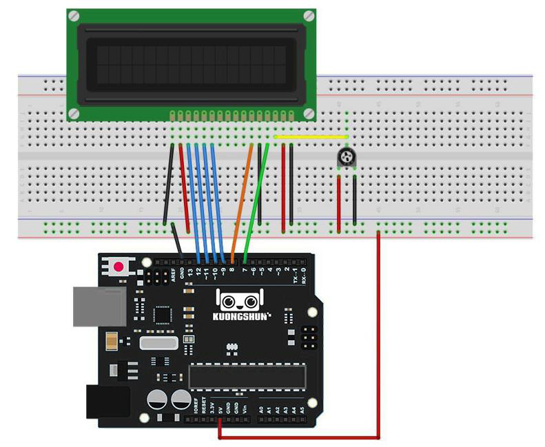 Montagem em protoboard do display LCD com potenciômetro de ajuste de contraste