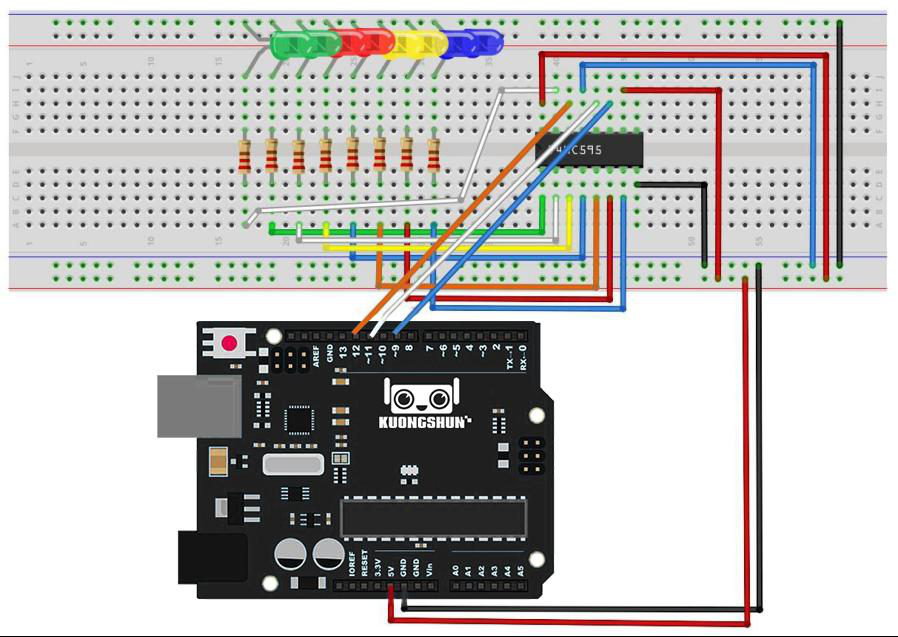 Esquema elétrico de ligação do 74HC595 comandando 8 LEDs vermelhos na protoboard