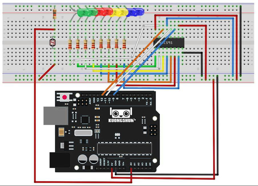Esquema elétrico do circuito divisor com LDR e resistor de 10 kΩ ligado ao A0