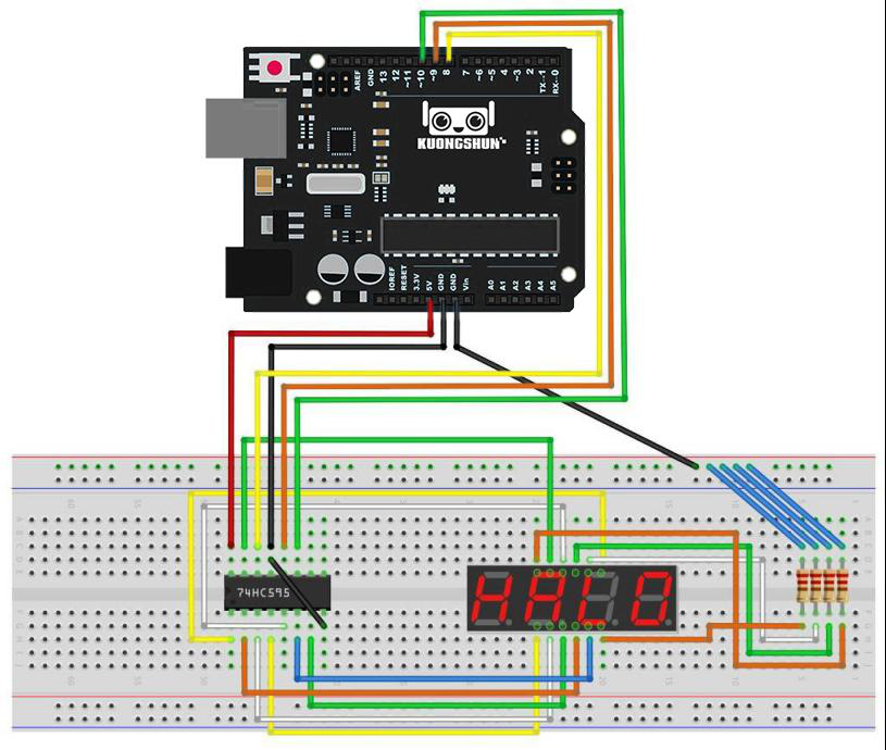 Esquema elétrico de ligação do display de 4 dígitos integrando 74HC595 e pinos seletores D2 a D5