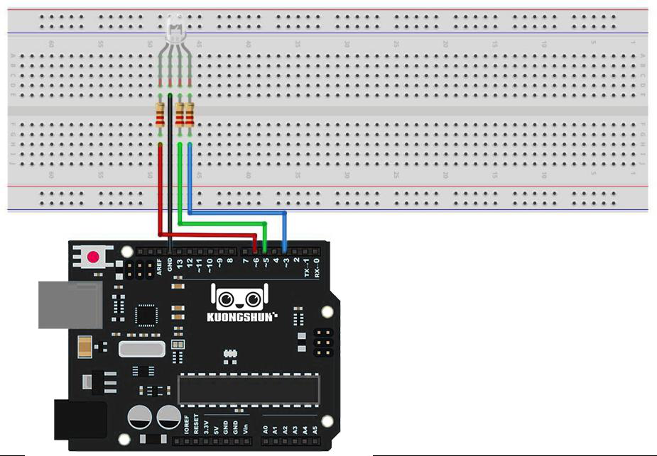 Esquema elétrico de ligação do LED RGB com três resistores limitadores nos pinos PWM