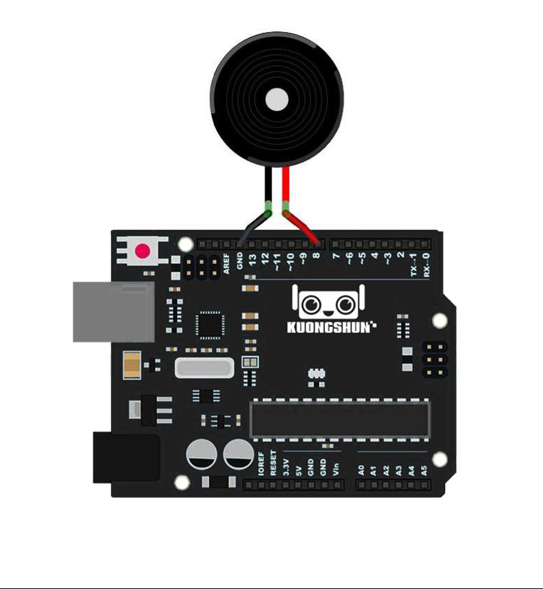 Esquema de ligação do buzzer passivo conectado ao pino digital D8 do Arduino