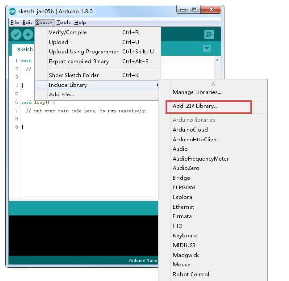 Instalação de pacote de biblioteca ZIP na IDE