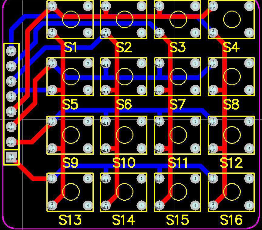Matriz de barramentos de linhas e colunas internas do teclado 4x4