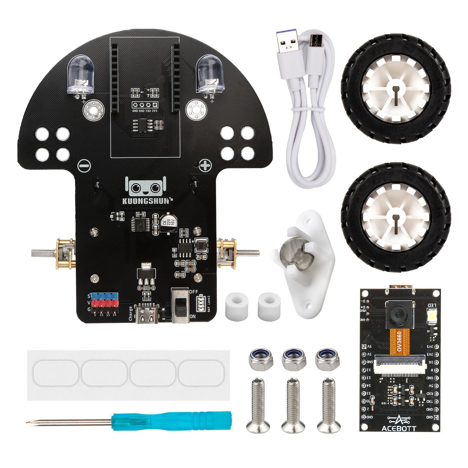 Inventário completo do Kit Robô 2WD ESP32-CAM Vision RB2686 com chassi driver, ESP32-CAM, rodas, roda boba e fixadores