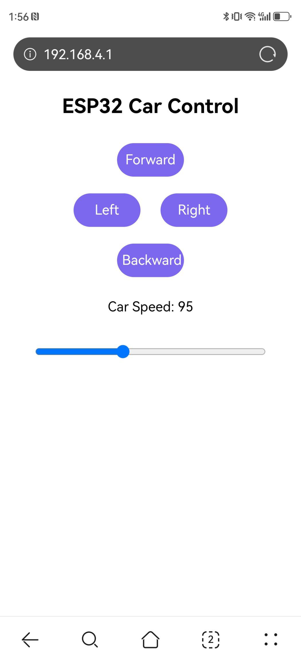 Interface ESP32 Car Control no celular em 192.168.4.1 com botões e slider de velocidade