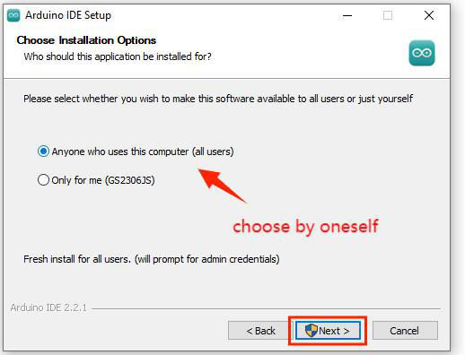Seleção de componentes do instalador incluindo drivers USB