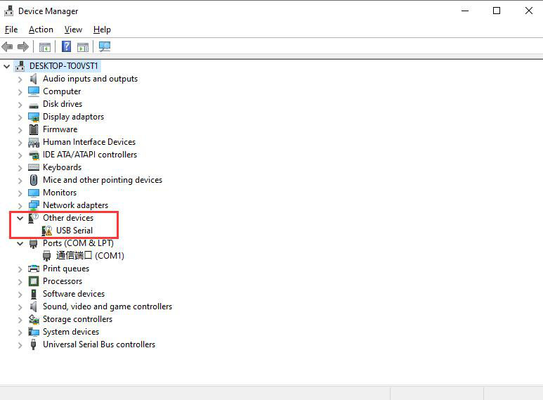 Gerenciador de Dispositivos mostrando dispositivo USB-Serial desconhecido