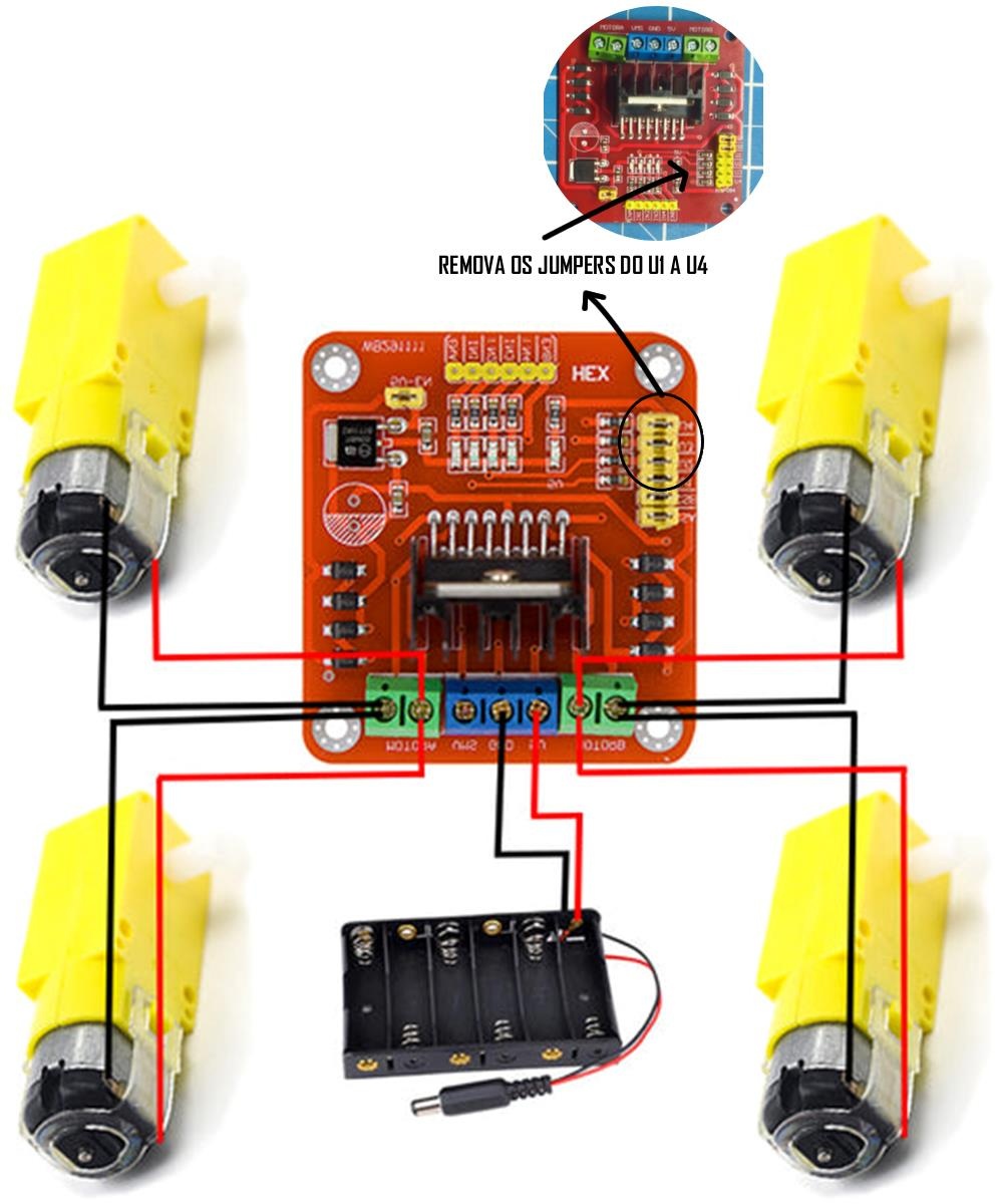 Etapa 4: Diagrama esquemático completo de conexões elétricas e pinagem do Kit 4WD Robô AD001