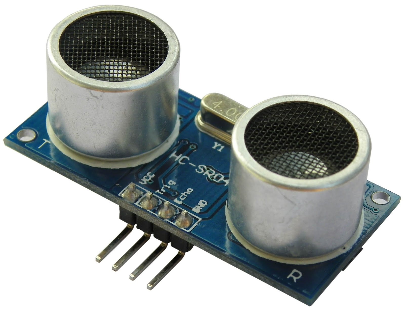 Transdutor ultrassônico HC-SR04 com pinos VCC, Trig, Echo e GND