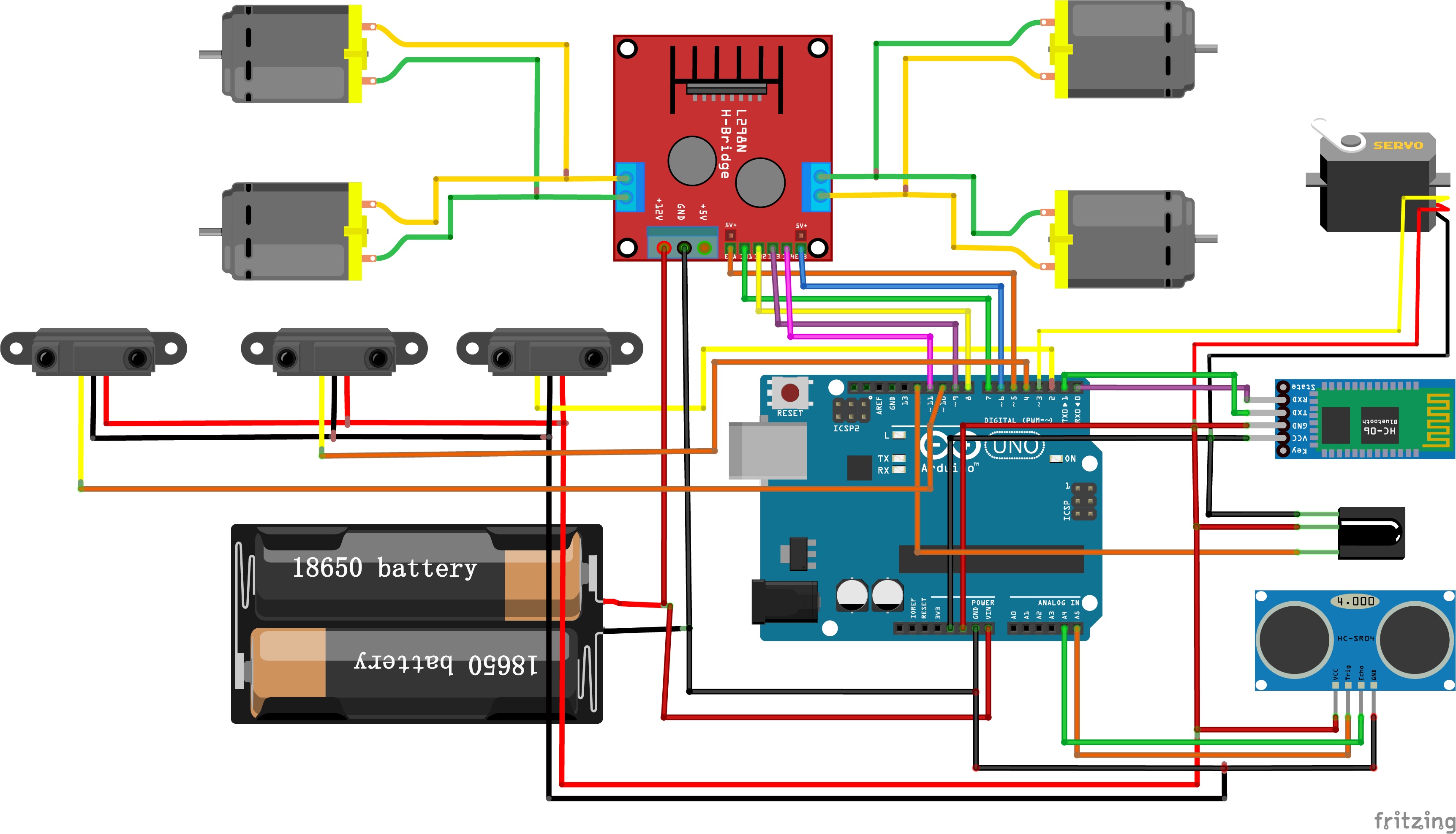 Diagrama esquemático oficial de ligações e cabeamento do Robô 4WD AD118