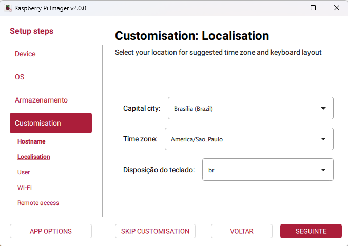 Configuração de fuso horário e teclado