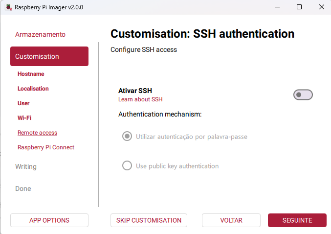 Habilitação do protocolo de acesso remoto SSH