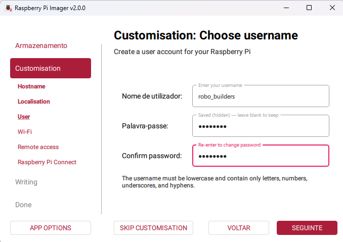 Configuração de usuário e senha de acesso