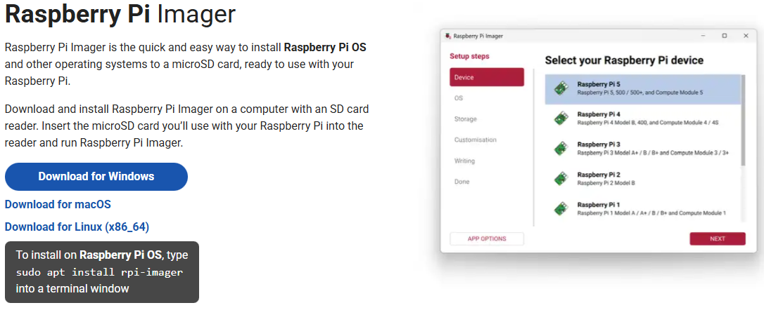 Download e tela inicial do Raspberry Pi Imager