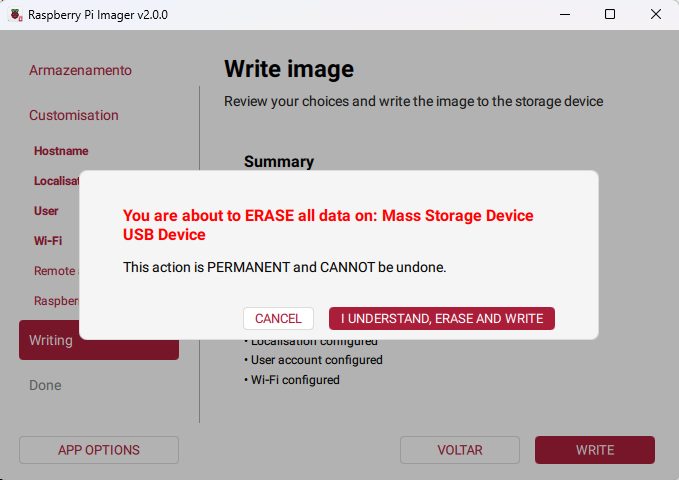 Início do processo de gravação do cartão MicroSD