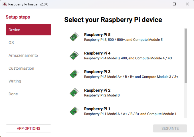 Seleção do modelo da placa Raspberry Pi
