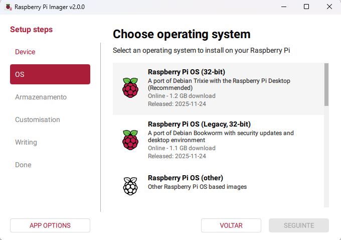 Seleção do sistema operacional no Raspberry Pi Imager