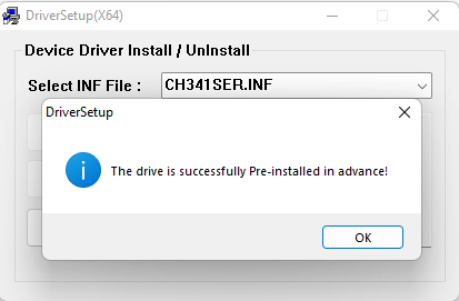 Caixa de diálogo do Windows exibindo a confirmação Driver install success