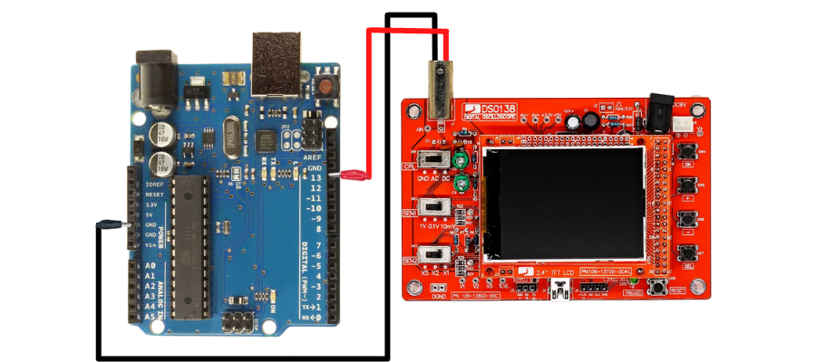 Esquema prático de conexão das pontas de prova do DSO138 no pino 13 e GND do Arduino