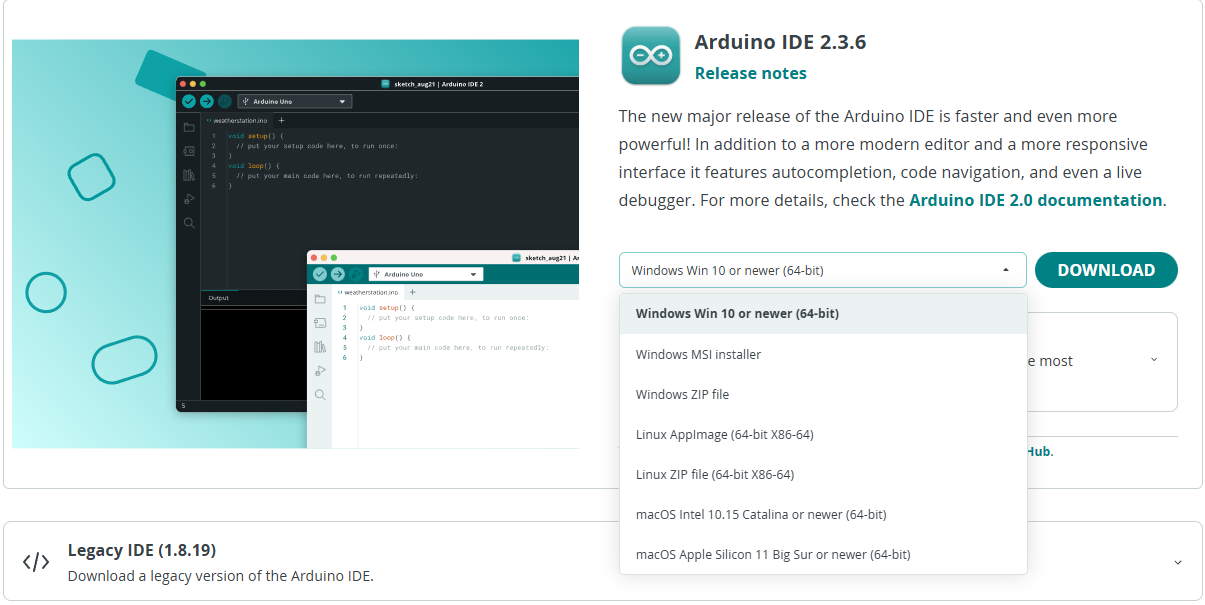 Página oficial de download da Arduino IDE