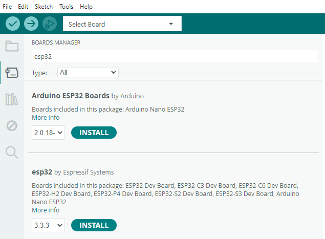 Instalando o pacote de placas ESP32 da Espressif Systems