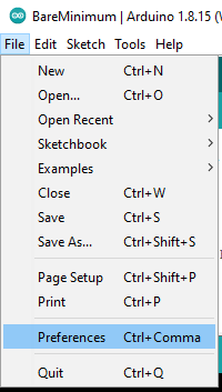 Acessando o menu de Preferências na Arduino IDE