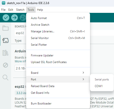 Selecionando a porta de comunicação COM do ESP32