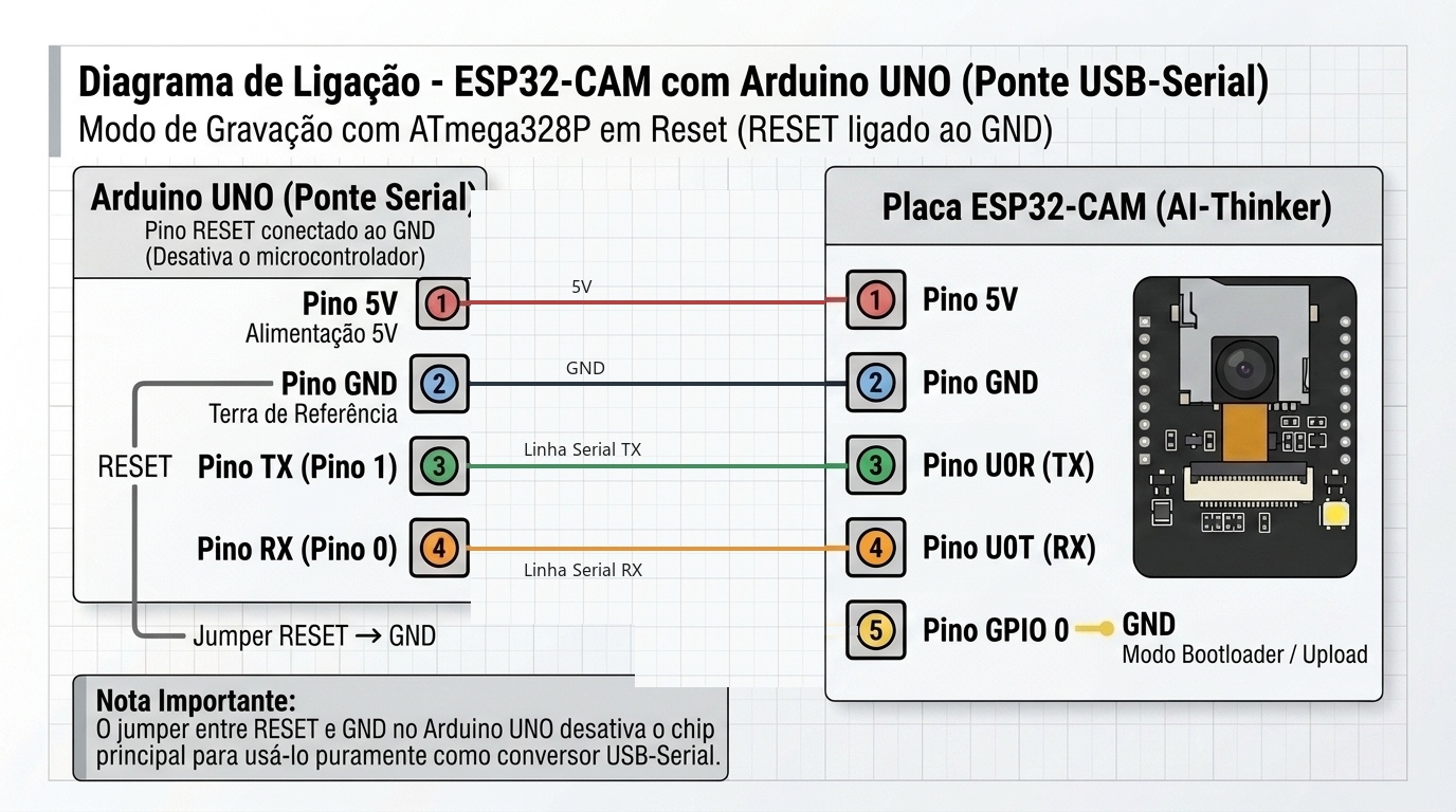 Diagrama de ligação da placa ESP32-CAM com Arduino UNO como ponte USB-Serial