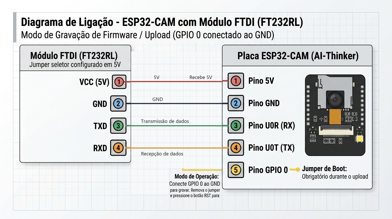 Diagrama de ligação da placa ESP32-CAM com módulo conversor FTDI FT232RL